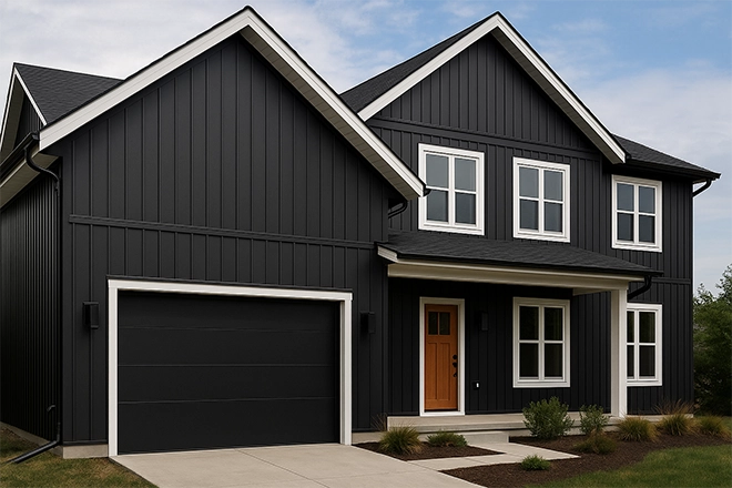 ChatGPT Image of a house with black vinyl siding and white trim